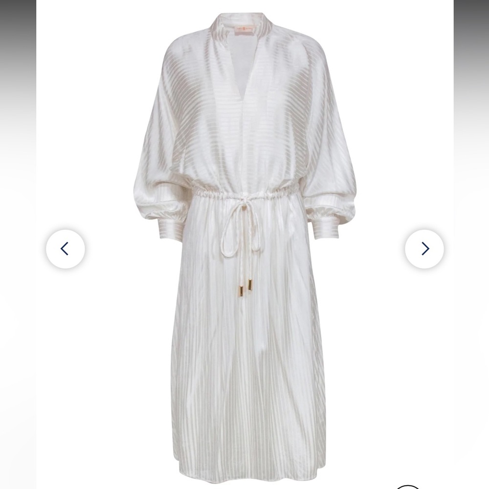 Tory Burch Striped Silk Satin Long-Sleeve Drawstring Dress